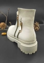 Hakiki Deri Kadın Yandan Fermuarlı Bot Bej