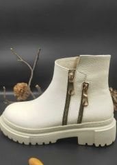 Hakiki Deri Kadın Yandan Fermuarlı Bot Bej